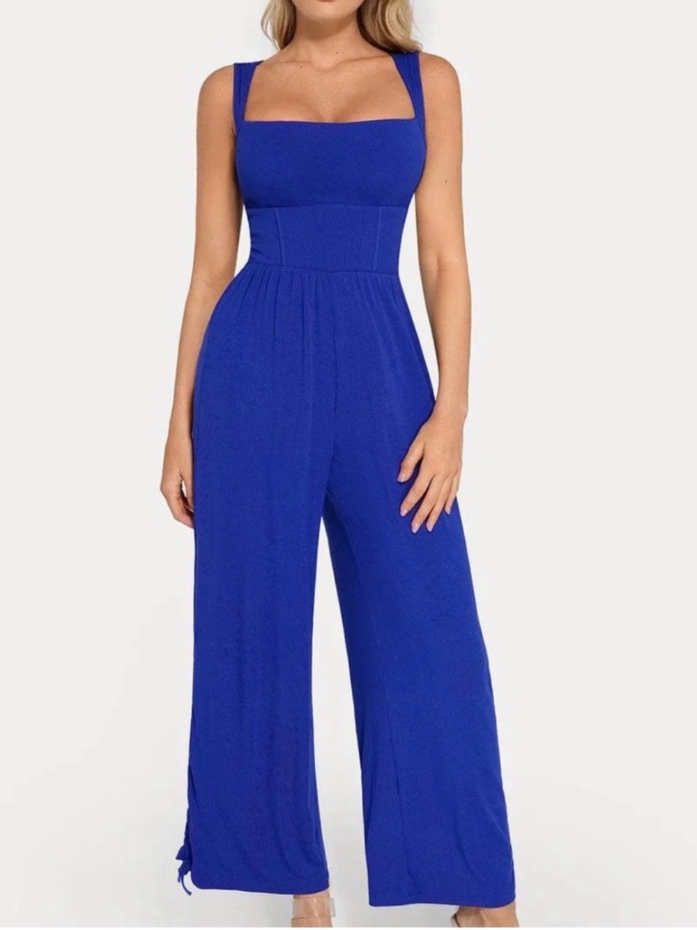 Popilush Sleeveless Square Neck Ribbed Cinch Wide Leg Jumpsuit Blue NWT M